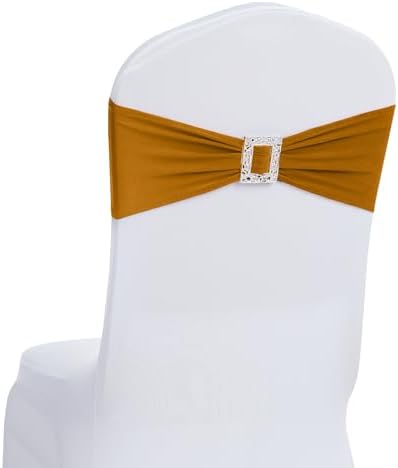 Joccun 30 PCS Spandex Chair Sashes Bows Stretch Chair Cover Band with Buckle Slider Universal Elastic Chair Ties for Wedding Banquet Party Event Decoration (Gold) by Joccun