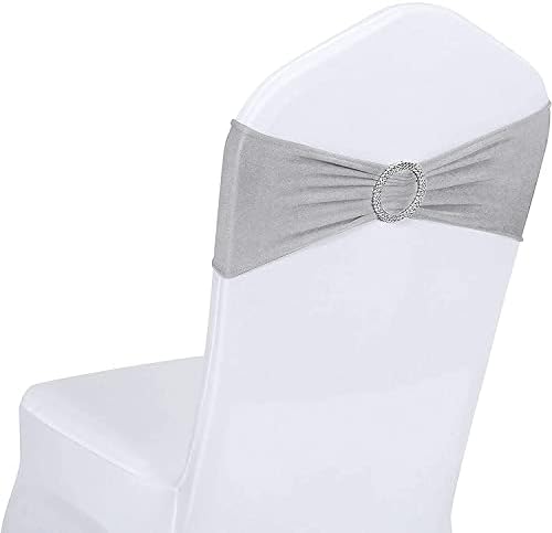 ManMengJi 25PCS Chair Sashes, Sliver Spandex Sashes Bows, Chair Cover Bands with Buckle Slider for Banquet, Party, Hotel Event Decorations by Home