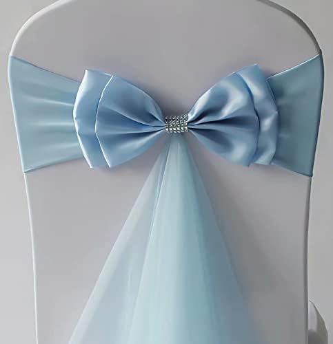 100Pcs Stretch Satin Chair Sashes Bows Chair Bands Decor for Hotel Wedding Reception Party Event Chair Cover Decoration Light Blue - Image 2