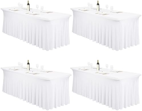 4 Pack White Spandex Table Skirts for 8 Ft Rectangular Tables by FXKS