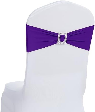 Joccun 60 PCS Spandex Chair Sashes Bows Stretch Chair Cover Band with Buckle Slider Universal Elastic Chair Ties for Wedding Banquet Party Event Decoration (Purple) by Joccun