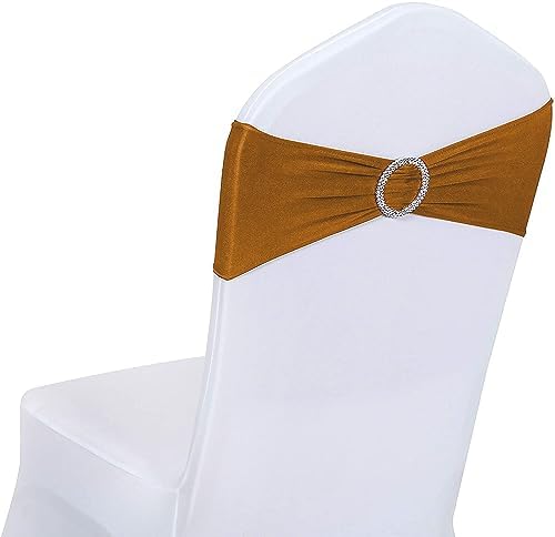 ManMengJi 50PCS Chair Sashes, Spandex Sashes Bows Brown, Chair Cover Bands with Buckle Slider for Banquet, Party, Hotel Event Decorations by Home