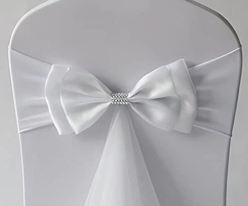 12Pcs Stretch Satin Chair Sashes Bows Chair Bands Decor for Hotel Wedding Reception Party Event Chair Cover Decoration White - Image 2