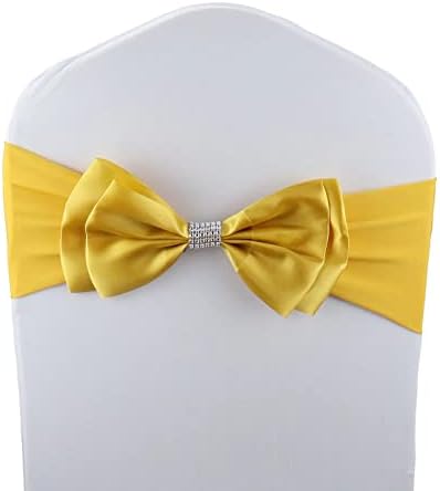 100 PCS Double Bows Stretch Chair Sashes, for Wedding Party Chair Cover Decoration, Spandex Stretch Chairs Bands (Pack of 100 Gold) by MYS+QiQi