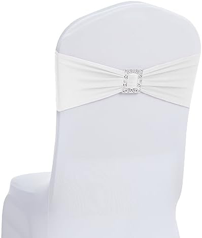 Joccun 30 PCS Spandex Chair Sashes Bows Stretch Chair Cover Band with Buckle Slider Universal Elastic Chair Ties for Wedding Banquet Party Event Decoration (White) by Joccun