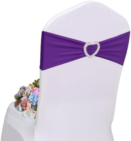 Purple Chair Sashes 60 Pack Spandex Purple Chair Sashes Bows with Heart Buckle Slider for Wedding Banquet Party Decorations by Unknown