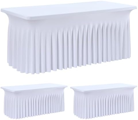leegleri 2 Pack White Spandex Table Cloths for 4 Foot Rectangle Tables, Wrinkle Free Fitted Table Covers 4ft Stretch Tablecloths Desk Skirt for Banquet Weddings Parties Baby Shower by LeegleriTableSkirt