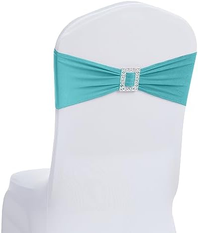 Joccun 30 PCS Spandex Chair Sashes Bows Stretch Chair Cover Band with Buckle Slider Universal Elastic Chair Ties for Wedding Banquet Party Event Decoration (Turquoise) by Joccun