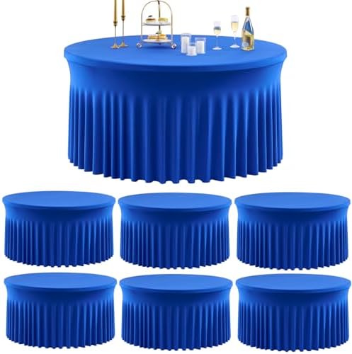 Outpain 6 Pack Royal Blue Spandex Round Tablecloths for 60in Tables, 120Inch Stretchy Fitted 5FT Round Table Clothes,Wrinkle Free Table Cover with Skirt for Wedding Party Dining Banquet by Outpain