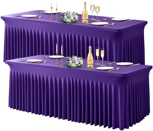 Wish Care 2 Pack Dark Purple Spandex Table Clothes for 8 Foot Rectangle Tables, 8FT Wrinkle Free Fitted Tablecloths Ruffles Design Table Cover for Party, Banquet, Wedding and Events by WishCare