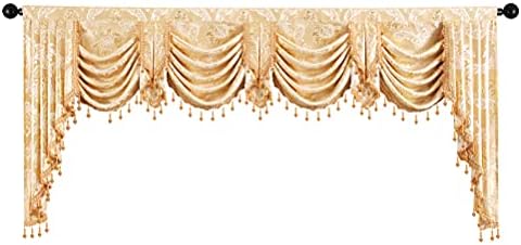 ELKCA European Style Golden Jacquard Swag Waterfall Valance for Living Room Bedroom Curtains Damask Curtain Valance for Kitchen (Damask-Golden, W118Inch, 1 Panel) - Image 6