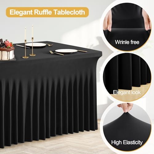 PARTISKY 2 Pack Black Spandex Table Cover with Skirt - 6ft Rectangle One-Piece Stretch Tablecloth for Wedding, Banquet, Birthday Party, Trade Shows & Foldable Tables - Image 3