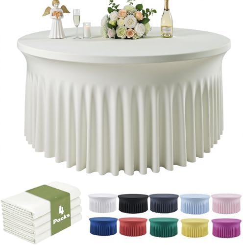 Outpain 4 Pack Spandex Ivory Round Tablecloths for 60in Tables, 120Inch Stretchy Fitted 5FT Round Table Clothes,Wrinkle Free Table Cover with Skirt for Wedding Party Dining Banquet by Outpain