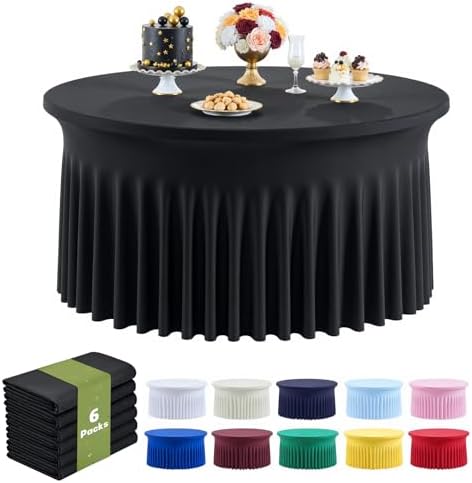 Outpain 6 Pack Black Round Spandex Tablecloth for 60 Inch/5FT Tables - Stretchy Table Cloth with Skirt, Wrinkle-Free Fitted Cloth for Wedding Vendor, Banquet & Graduation Decor (120" Round) by Outpain
