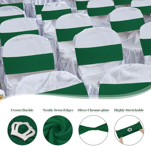 VitalCozy 100 Pcs Spandex Chair Sashes with Crown Buckle,Dark Green - Image 3