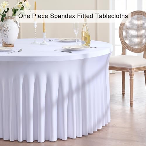 Outpain 6 Pack White Round Spandex Tablecloth for 48Inch/4FT Tables - Stretchy Table Cloth with Skirt, Wrinkle-Free Fitted Cloth for Wedding Vendor, Banquet & Graduation Decor (108" Round) - Image 2