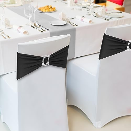 Joccun 60 PCS Spandex Chair Sashes Bows Stretch Chair Cover Band with Buckle Slider Universal Elastic Chair Ties for Wedding Banquet Party Event Decoration (Black) - Image 6