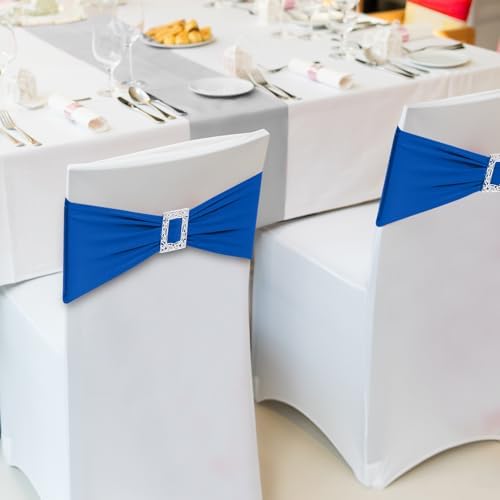 Joccun 30 PCS Spandex Chair Sashes Bows Stretch Chair Cover Band with Buckle Slider Universal Elastic Chair Ties for Wedding Banquet Party Event Decoration (Royal Blue) - Image 6