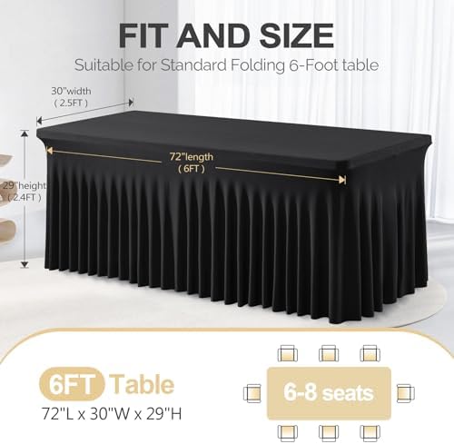 PARTISKY 2 Pack Black Spandex Table Cover with Skirt - 6ft Rectangle One-Piece Stretch Tablecloth for Wedding, Banquet, Birthday Party, Trade Shows & Foldable Tables - Image 4