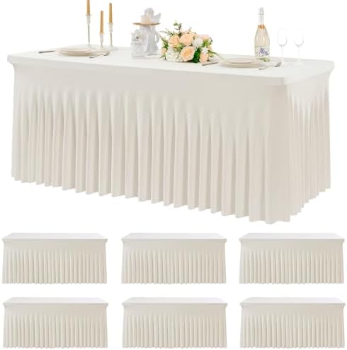 6 pk Spandex Ivory Tablecloths for 6 Foot Rectangle Tables, Stretch Table Cloth 6ft Fitted Tablecover Desk Skirt for Parties Weddings Birthday Banquet Baby Shower by Htper