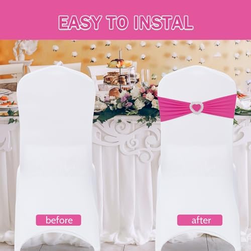 Pack of 60 Spandex Chair Sashes Bows Stretch Chair Cover Band with Buckle Slider Universal Elastic Chair Ties for Wedding Banquet Party Event Decoration (Fuchsia) - Image 4