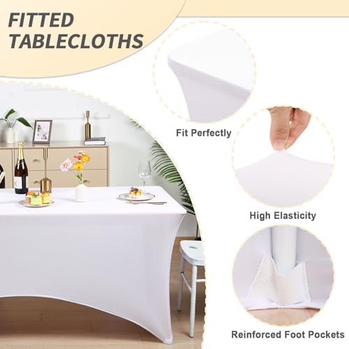 Fixwal 6 Pack 6FT White Tablecloth Rectangle Spandex Fitted Table Cover - Image 2