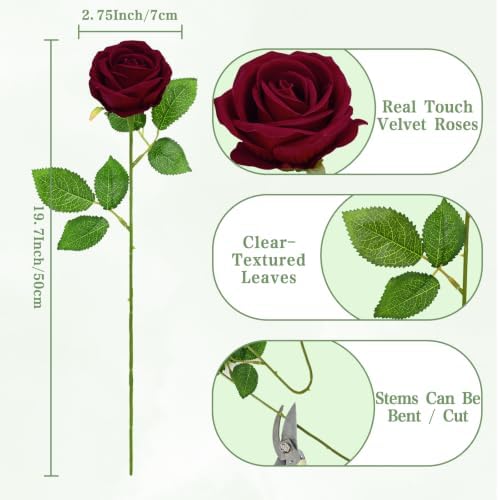 Waipfaru 50 Pcs Wine Red Roses, Fake Velet Burgundy Roses - Image 5