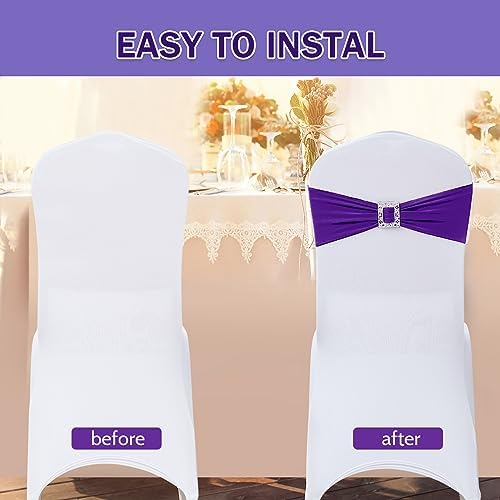 Joccun 60 PCS Spandex Chair Sashes Bows Stretch Chair Cover Band with Buckle Slider Universal Elastic Chair Ties for Wedding Banquet Party Event Decoration (Purple) - Image 4