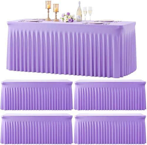 4 Pack Lavender Spandex Tablecloths for Rectangle Tables Light Purple Stretch Table Cloth Rectangle 6ft Lilac Elastic Fitted Table Cover with Skirt for Wedding Birthday Party Banquet Baby Shower by Suppromo