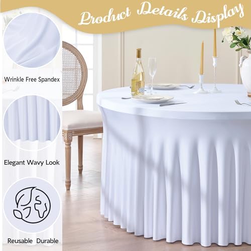 Outpain 8 Pack White Round Spandex Tablecloths for 60in/5FT Tables, 120Inch Stretchy Fitted Round Table Clothes,Wrinkle Free Table Cover with Skirt for Wedding Party Dining Banquet - Image 3