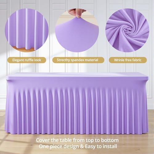 4 Pack Lavender Spandex Tablecloths for Rectangle Tables Light Purple Stretch Table Cloth Rectangle 6ft Lilac Elastic Fitted Table Cover with Skirt for Wedding Birthday Party Banquet Baby Shower - Image 6