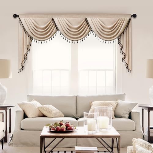 ELKCA Faux Linen Curtain Valance for Living Room Japanese Style Modern Curtain Valance for Bedroom Solid Light Coffee with Black Tassel, Rod Pocket (98inch,1 Panel) - Image 4