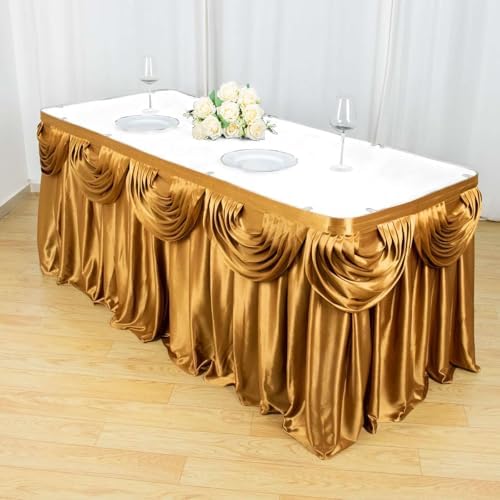 Efavormart 14ft Gold Pleated Satin Double Drape Table Skirt - Image 5