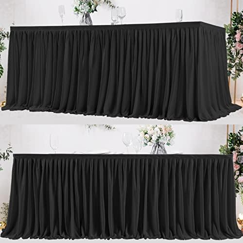 PARTISKY Black Polyester Table Skirt for Rectangle Tables 8ft, Wrinkle Resistant Pleated Ruffle Table Cloth for Banquet Wedding Trade Baby Shower Display Gift Dining Table by Partisky
