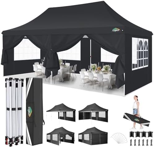 COBIZI 10x20 Pop Up Canopy with 6 Sidewalls, Conical Party Tent 10x20 with 3 Adjustable Height Waterproof, UV-Resistant with Carry Bag, Sandbag, Stake, Ropes for Parties, Commercial (Frame Upgraded)