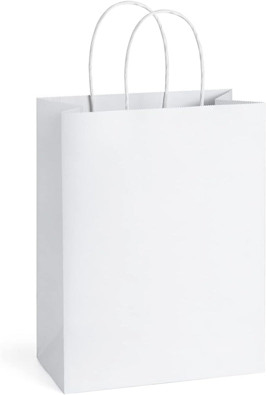 BagDream Medium Gift Bags with Handles 8x4.25x10.5 Inch White 50 Pack Bulk | Kraft Paper, Recyclable, Sturdy Handle, For Gift Giving, Crafts, Party Favors, Valentine's Day, Christmas, Business Packaging by BagDream