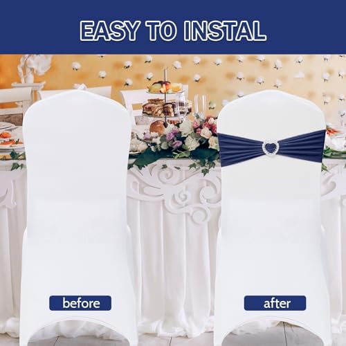 Pack of 30 Spandex Chair Sashes Bows Stretch Chair Cover Band with Buckle Slider Universal Elastic Chair Ties for Wedding Banquet Party Event Decoration (Navy) - Image 4
