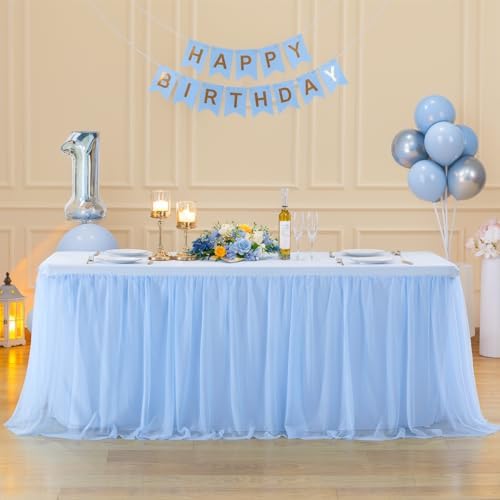 2 Pack 8ft Baby Blue Tulle Tablecloths for Rectangle Tables, 8 Foot Rectangular Table Cloth Wrinkle Free Table Cover with Tutu Skirt for Baby Shower Boy Birthday Party Banquet Buffet Cake - Image 3