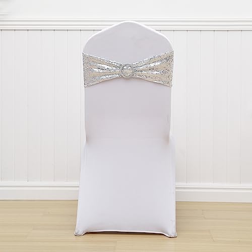 Full Sparkly Sequins Silver Chair Sashes for Wedding Decor, Glitter Chair Bands with Buckles, Sequin Chair Bows for Party Ceremony Event Decorations - 100 Pack - Image 5