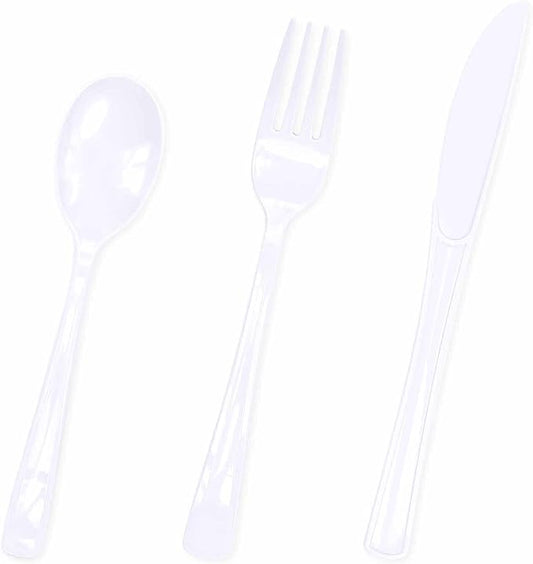HEIPINIUYE 75 Pack White Plastic Cutlery Heavy Duty White Plastic Knives Forks and Spoons Disposable Silverware Set for 25 Guest Camping Birthday Baby Shower Party Cutlery Set