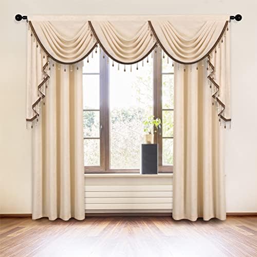 ELKCA Thick Chenille Window Curtains Valance for Living Room, Beige Valance with Beads for Bedroom,Rod Pocket (W98inch,1 Panel) - Image 3