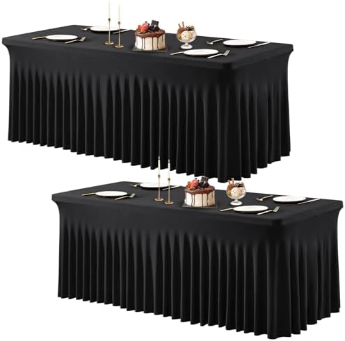 PARTISKY 2 Pack Black Spandex Table Cover with Skirt - 6ft Rectangle One-Piece Stretch Tablecloth for Wedding, Banquet, Birthday Party, Trade Shows & Foldable Tables by Partisky