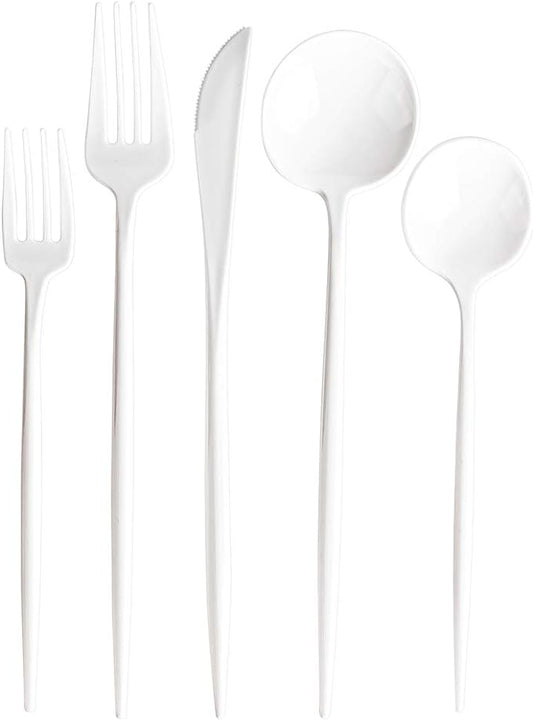 Novelty Modern Flatware Cutlery Disposable Plastic Combo Set 80 Count Luxury White, Service for 16