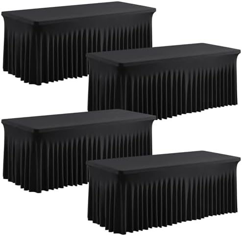 PARTISKY 4 Pack Black Spandex Table Cover with Skirt - 6ft Rectangle One-Piece Stretch Tablecloth for Wedding, Banquet, Birthday Party, Trade Shows & Foldable Tables by Partisky