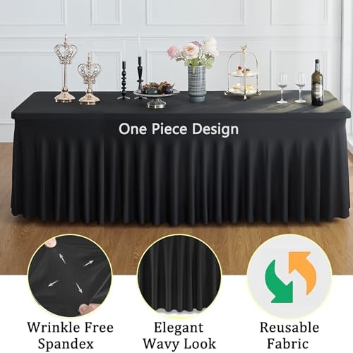 Black Spandex Tablecloth for 8 Foot Rectangle Tables, 6 Pack Black Wrinkle Free Fitted Table Cloths 8ft Stretchy Banquet Table Clothes Cover Desk Skirt for Birthday Wedding Parties Baby Shower - Image 3