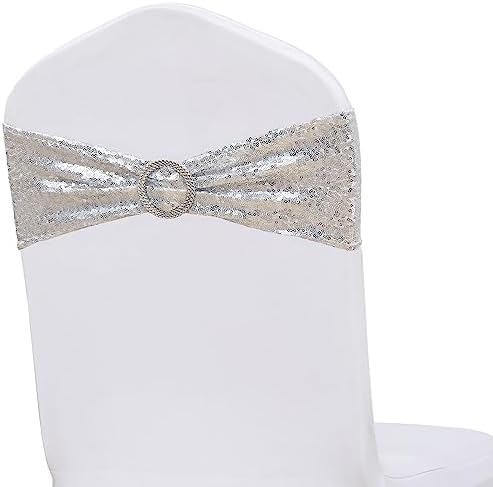 Full Sparkly Sequins Silver Chair Sashes for Wedding Decor, Glitter Chair Bands with Buckles, Sequin Chair Bows for Party Ceremony Event Decorations - 100 Pack - Image 6