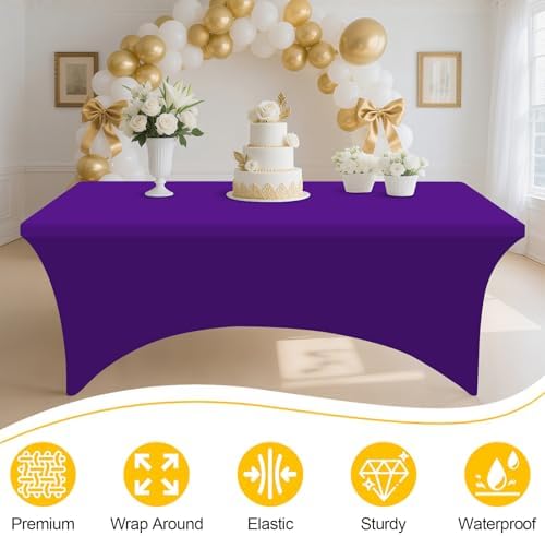Smiry 2 Pack Spandex Table Cloth 8FT, Elastic Fitted Purple Tablecloth - Image 4