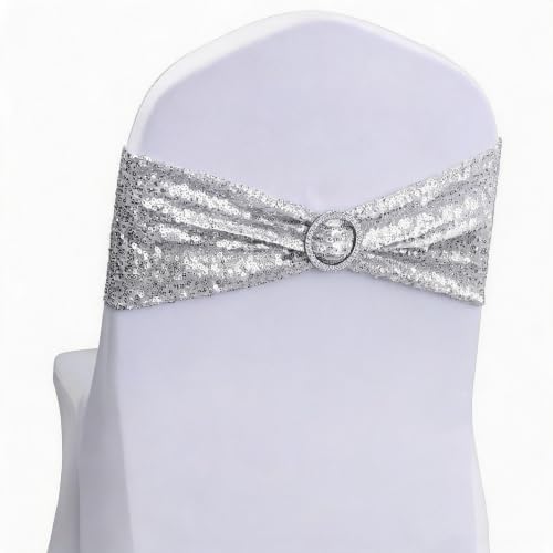 50 Pack Sequin Silver Chair Sashes Bows Wedding Glitter Chair Bands Buckles by ZSJFMF