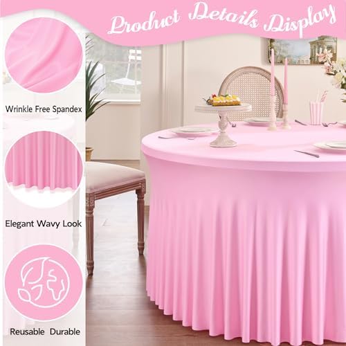 Outpain 6 Pack Spandex Pink Round Tablecloths for 60in Tables, 120Inch Stretchy Fitted 5FT Round Table Clothes,Wrinkle Free Table Cover with Skirt for Wedding Party Dining Banquet - Image 2