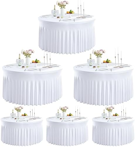 Outpain 6 Pack White Round Spandex Tablecloth for 48Inch/4FT Tables - Stretchy Table Cloth with Skirt, Wrinkle-Free Fitted Cloth for Wedding Vendor, Banquet & Graduation Decor (108" Round) by Outpain